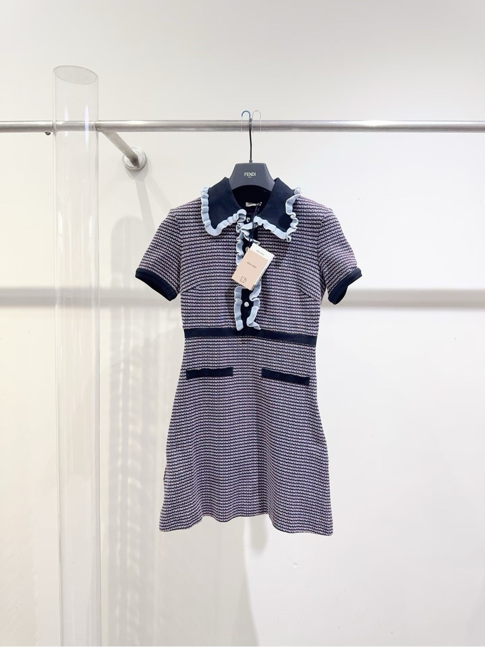 🚩steal Miu Miu Navy & Light Blue Knit Ruffle-Trim Dress